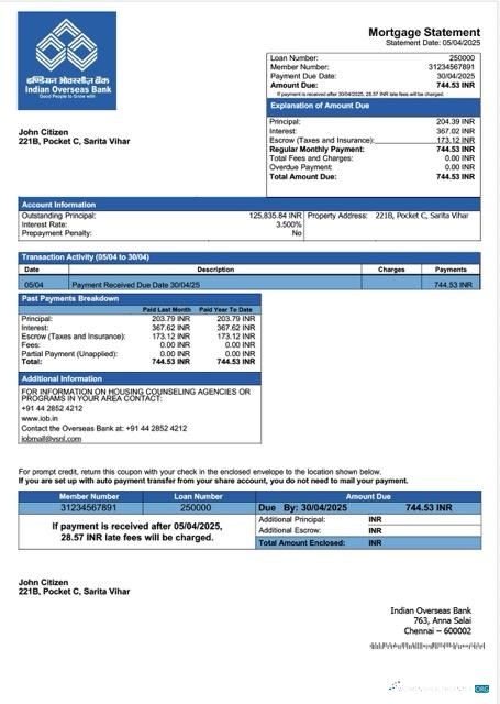 Download Indian Overseas Bank mortgage statement Word and PDF template Photoshop template